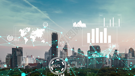 商业数据分析界面在智能城市上空飞过 显示改变的未来计划技术运动银行家管理工程企业密码学货币加密图片
