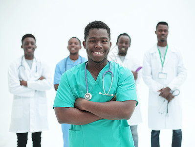 国际站详情页站在同事面前笑着微笑的外科医生专家男人实习生保健医务人员蓝色外套手术职员人员背景