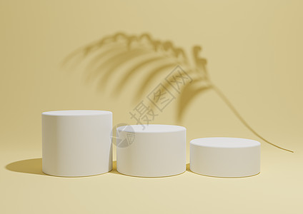 温暖 明亮 明亮 柔和的黄色 3D 渲染一个简单 最小的产品展示组合背景 在自然产品的背景中有三个讲台或展台和棕榈叶阴影图片