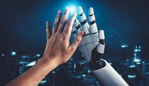 AI 机器人机器人或机器人的未来人工智能和机器学习男人科学数据学习商务手臂设计商业智力虚拟图片