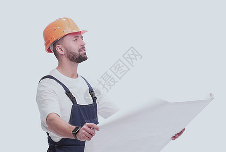 能够胜任的工头建筑设计器 查看绘图 孤立于白色工作草图领班维修男人帽子安全帽服务承包商修理工图片