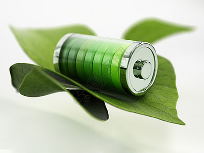 绿色全电池图标和绿叶 3D 插图图片