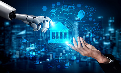 未来人造智能机器人和半机械人图表电子人智力区块链生活商业男人科学货币营销图片