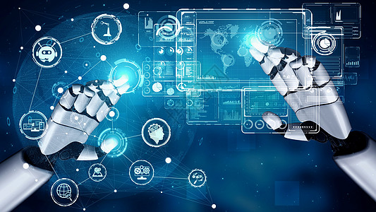 未来的机器人人造智能 启发AI技术概念的人类人工智能电子人电脑移动分析网站机械手图表商业科学股市图片