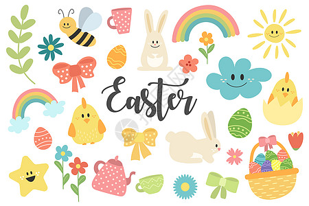 复活节集 收集手抽的弹簧物品 用于明亮的东方设计兔子孩子手绘标签涂鸦贴纸树叶卡通片礼物绘画图片