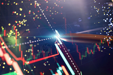 屏幕上的价格图表和笔指示数 蓝屏主题 市场波动 上升趋势与下行趋势的红绿烛台图木板贸易投资势头流动感觉性商品衍生品电脑信号图片