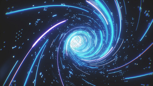 在数字隧道内飞行 未来背景与射线相伴数据旅行涡流虚拟现实宇宙数据流蓝色激光科学渲染图片