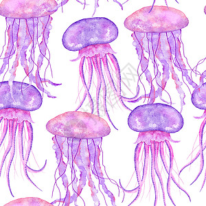 水彩手绘无缝图案与水下海洋航海动物贝壳鱼 紫蓝色海马海藻水母 海洋暑假海滩背景 绿松石织物印花支撑假期薄荷海鲜紫色海蜇海藻藻类热图片