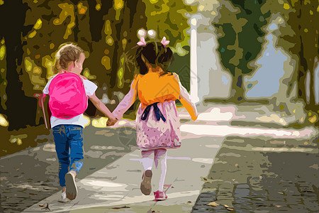 儿童网站素材小学女孩背背着书包 带着微笑跳跃的少女;和背景