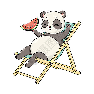 夏季熊猫与西瓜一起躺在甲板椅上图片
