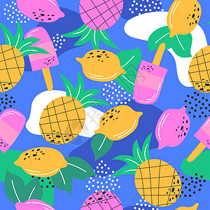 壁纸 包装和纺织品的多色夏季水果结果无缝模式海报插图棕榈太阳镜食物热带树叶艺术奶油假期图片