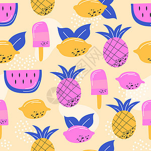 壁纸 包装和纺织品的多色夏季水果结果无缝模式墙纸旅游柠檬食物季节装饰品太阳镜时尚海滩菠萝图片