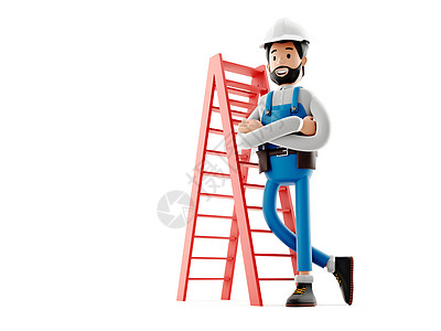 卡通建筑商角色设计员的家伙 有趣的工人或工程师 梯子 3D图片