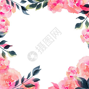 花花广场和带玫瑰的贺卡水彩暗紫色树叶菜单设计异国插图蓝色植物作品背景图片