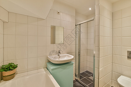 现代浴室 有淋浴 厕所 水槽和白浴缸制品材料装饰卫生间架子龙头镜子财产住宅房子图片