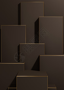 深棕色 3D 渲染简单 最小 几何背景产品展示基座金色线条用于奢侈品产品广告壁纸模板图片