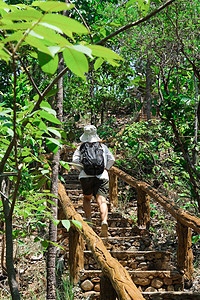 戴着帽子 背着背包的年轻女子的后视走上天然石阶 在热带森林中享受大自然 旅行和生活方式概念图片