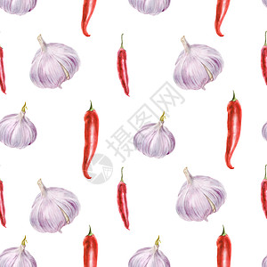 传统风格的现代植物水彩 红辣椒和粉红色大蒜香肠美食食物烹饪厨房设计蔬菜辣椒插图胡椒图片