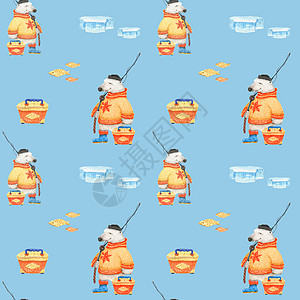 浮游北极熊室外 水彩色无缝模式明信片艺术渔夫乐趣插图家庭蓝色海报钓鱼包装图片