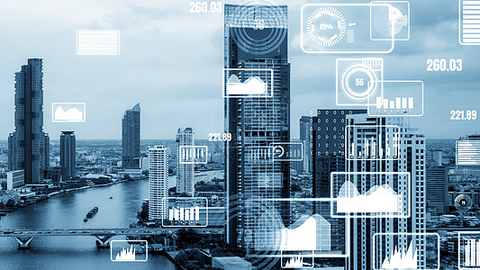 商业数据分析界面在智能城市上空飞过 显示改变的未来工程企业动画片技术监视器金融营销密码学管理展示图片