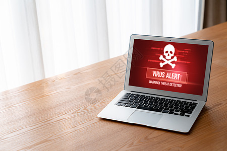 计算机屏幕上的病毒警报警报 检测到网络威胁的变异警报木马监视器商务小样颅骨笔记本安全药片办公室图片