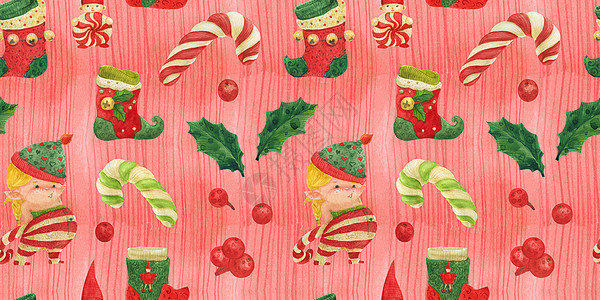 糖果包装纸圣诞精灵故事红无缝水彩色与女精灵的图案背景
