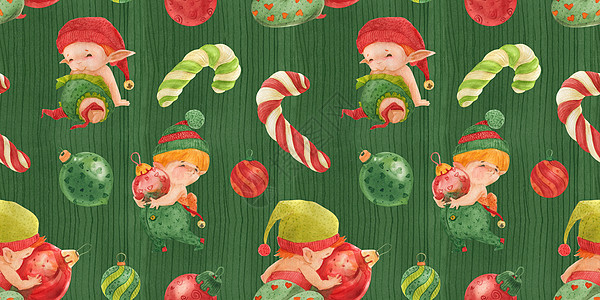 糖果包装纸圣诞绿绿无缝模式 婴儿小精灵有玻璃和糖果甘蔗背景