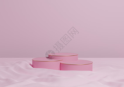 淡淡的 柔和的 淡紫色的粉红色 3D 渲染最小产品展示三个豪华圆柱形讲台或展台 在波浪形纺织产品摄影背景抽象组合与金色线条化妆品图片