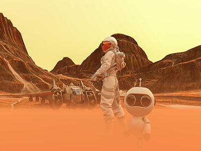 宇宙宇航员和小型机器人 在太空行走在 一个沙漠行星上 飞船在后方技术勘探岩石太空服天文学科幻星星山脉石头小说图片