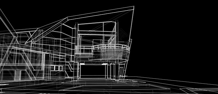 3D视角白色电线框架 黑背景的白色铁丝架形结构外表设计概念绘画渲染蓝色住宅技术黑色金属房子草图建筑师图片