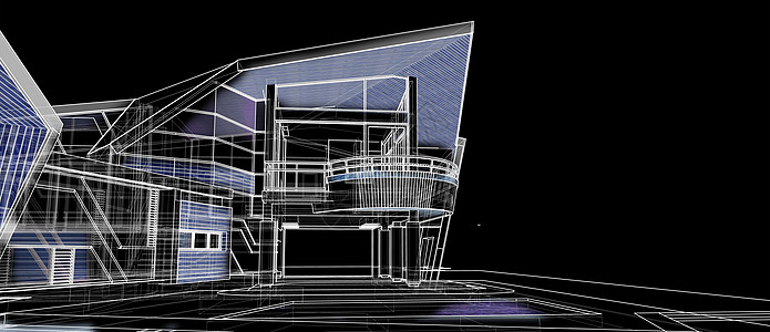 3D视角白色电线框架 黑背景的白色铁丝架形结构外表设计概念建筑师黑色渲染住宅建筑绘画技术插图金属房子图片