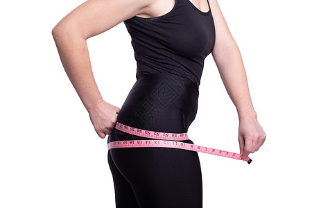 女人看到饮食的结果 然后损失了几磅外的重量营养数字腰部腹部测量身体女性成人女士卷尺图片