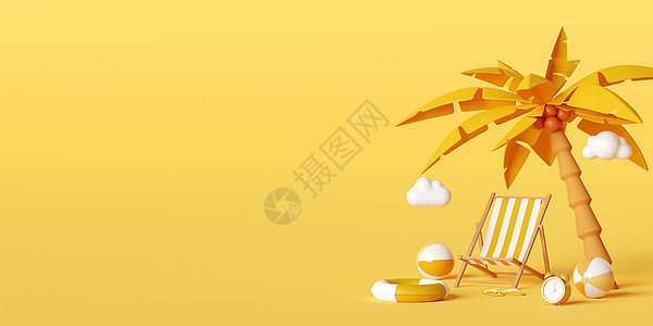 暑假概念沙滩椅和配件在黄色背景上的棕榈树下3d 它制作图案冒险海报天堂热带太阳季节艺术旅游阳光假期图片