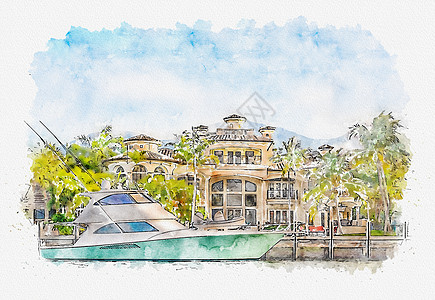 在佛罗里达州劳德代尔堡与游艇的豪华海滨豪宅水彩画插图图片