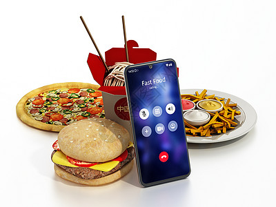快速食品和智能手机 快速食品呼叫屏幕 3D插图商业导游午餐店铺菜单船运运输技术外卖食物图片