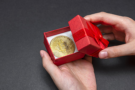 Bitcoin硬币放在红礼盒里 圣诞节和新年礼物 手打开礼品盒 带比特币硬币 横幅图片