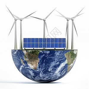 绿色草地上的太阳能板和风力涡轮机能源生态涡轮经济环境风车光伏行星控制板细胞图片