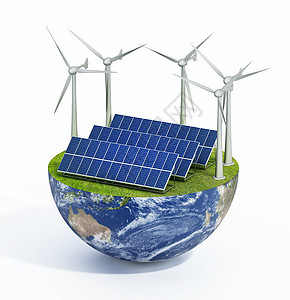 绿色草地上的太阳能板和风力涡轮机回收行星涡轮活力蓝色地球能源光伏控制板力量图片