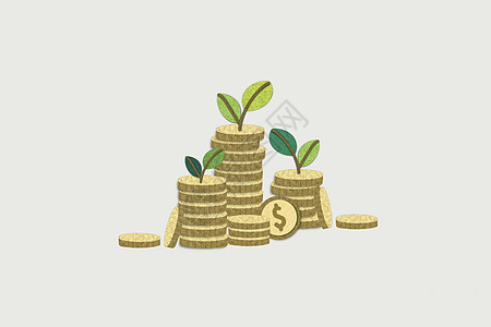 剪纸质感风格在财富管理理念上的成功 金钱植物幼苗隐喻财务或投资增长 增加盈利和资本收益图片
