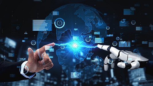 未来的机器人人造智能 启发AI技术概念的人类人工智能库存量子计算智力数据市场商业外汇贸易机器背景图片