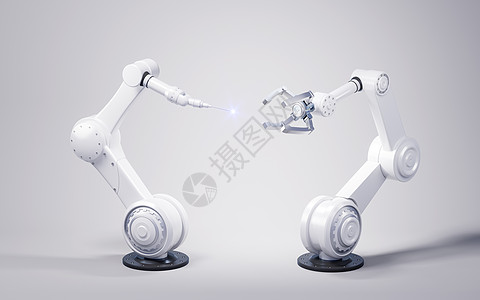 有白色背景的机械臂 3D铸造合伙工程人工智能发明生产合作自动机机器机器人制造业背景图片