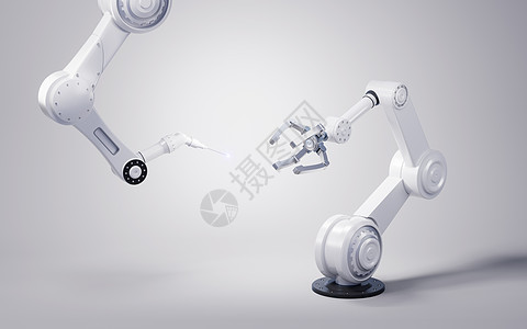 有白色背景的机械臂 3D铸造人工智能自动化渲染金属智力合作自动机科学合伙机器人图片