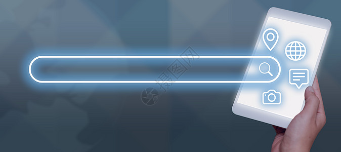 商务人士拿着带有搜索栏的平板电脑 周围环绕着具有未来派设计的数字 S 显示手机和接收重要数据和消息的人男人计算机技术图形墙纸互联图片