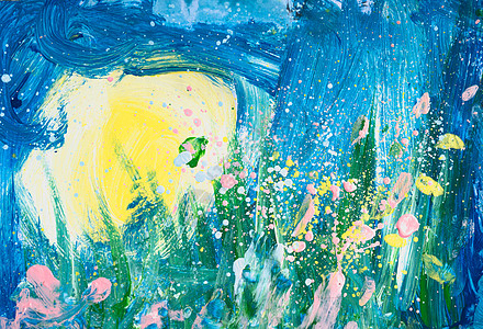 幼儿园学龄前儿童绘制的真实绘画照片 水彩水粉混合颜色 概念艺术教育类治疗灵感 雪下的绿草黄太阳蓝天粉红飞溅图片
