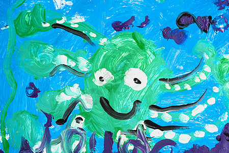 幼稚园学龄前儿童绘画的真画照片 水彩色古塔切铅笔混合颜色 概念艺术教育类治疗 灵感爱好 绿色章鱼微笑蓝水下世界图片