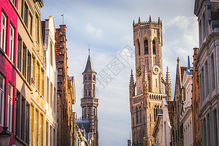 Belfry塔和比利时Bruges的Flemish建筑城市荷卢天空村庄景观联盟摄影地方假期建筑学图片