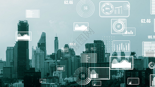 商业数据分析界面在智能城市上空飞过 显示改变的未来监视器货币营销战略展示经济加密市场密码学人工智能图片
