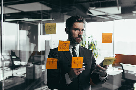 成功的商务人士从电话和平板上用彩色贴纸在玻璃板上重写任务项目办公室工作日程企业家人士戏法思维风暴商业图片