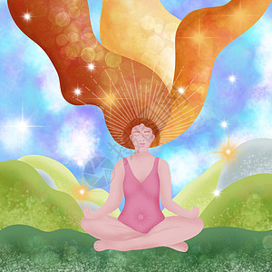 瑜伽健身馆海报自然景观中瑜伽莲花姿势的坐姿健康女性的手绘插图 心理平衡健康理念 冥想冥想女性与太阳星宇宙元素 健身放松背景