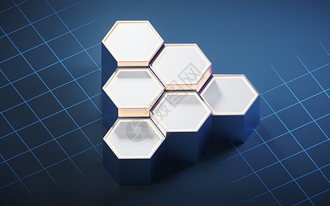金属六边形材料背景 3D介质母板蜂窝工程渲染白色蓝色几何学高科技多边形性角图片